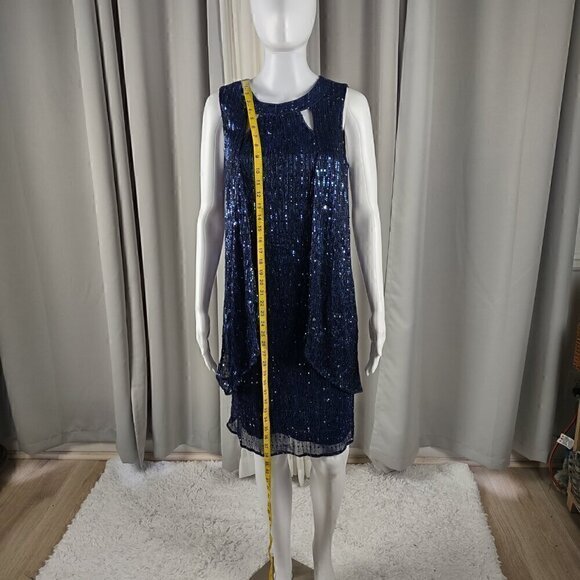 Leslie Fay Blue Sleeveless Double Keyhole Crew Neck Sequin Shirt Dress Size 8 - Picture 6 of 13
